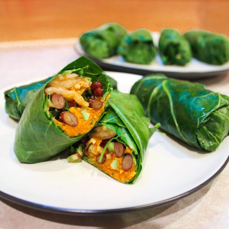 Vegan Collard Green Wraps with Kimchi and Sweet Potato Filling