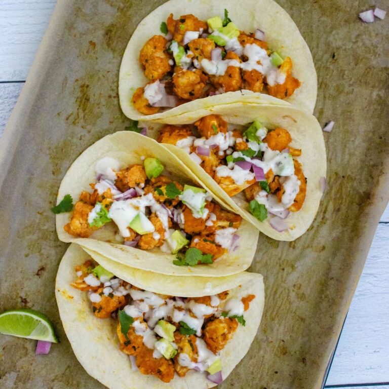 Vegan Buffalo Cauliflower Tacos with Dairy-free Ranch Drizzle